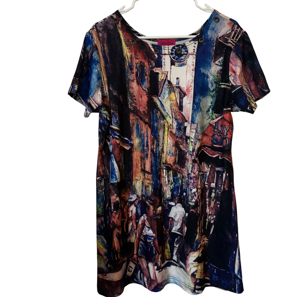 Max & Rina Women's Top Large‎ Vibrant Abstract Urban Short Sleeve